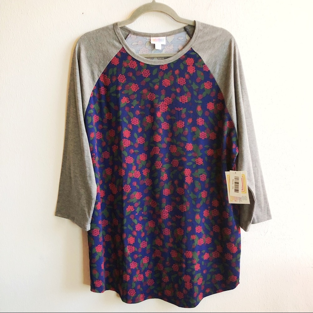 LuLaRoe Randy Tee Floral Body Raglan 3/4 Sleeve Top Grey Blue Pink Green 2X BNWT